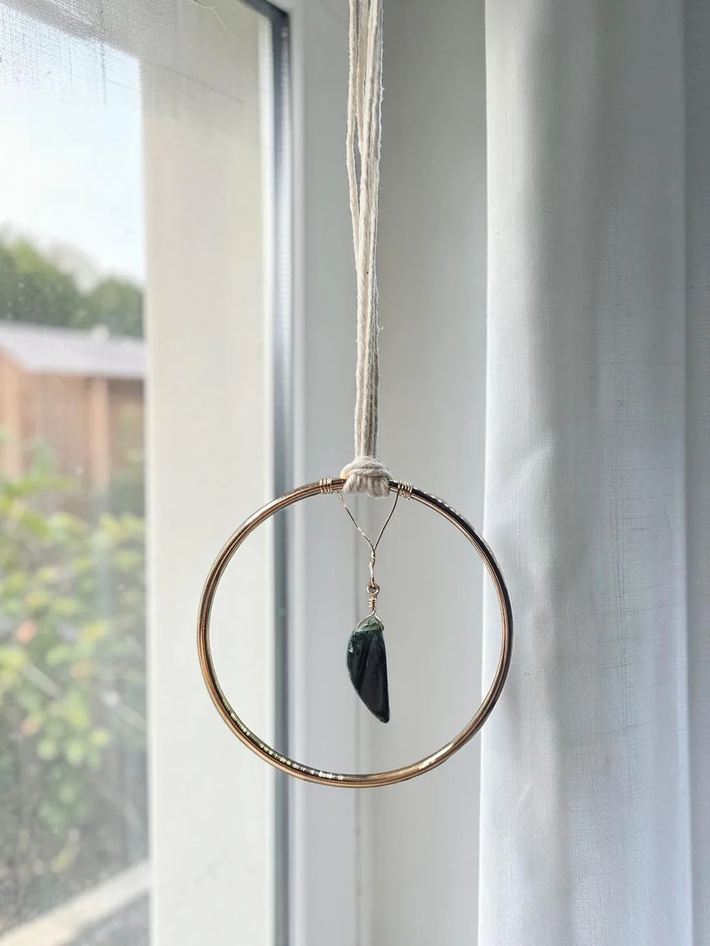 Gold Metal Hoop Hanging Pendant with Dark Green Stone